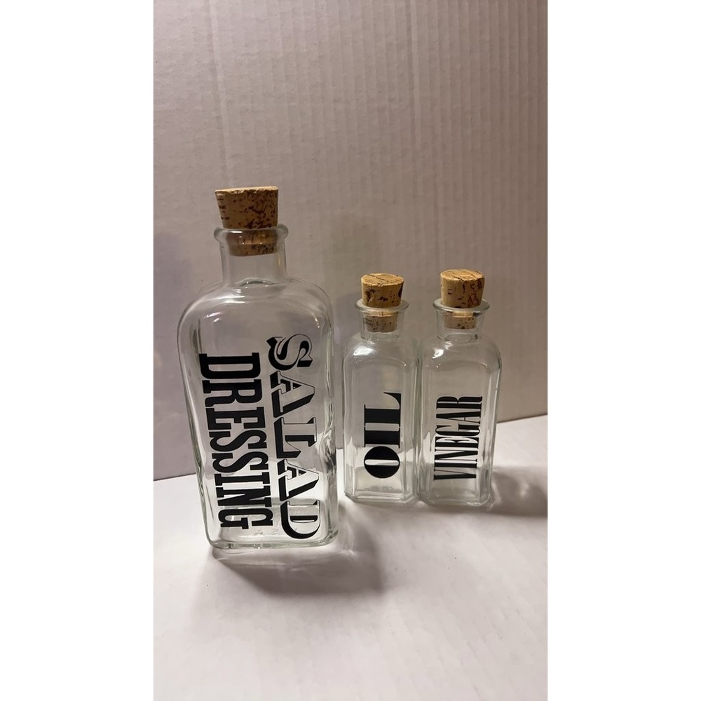 Vintage Glass Salad Dressing, Oil, and Vinegar Bottles with Cork Stoppers